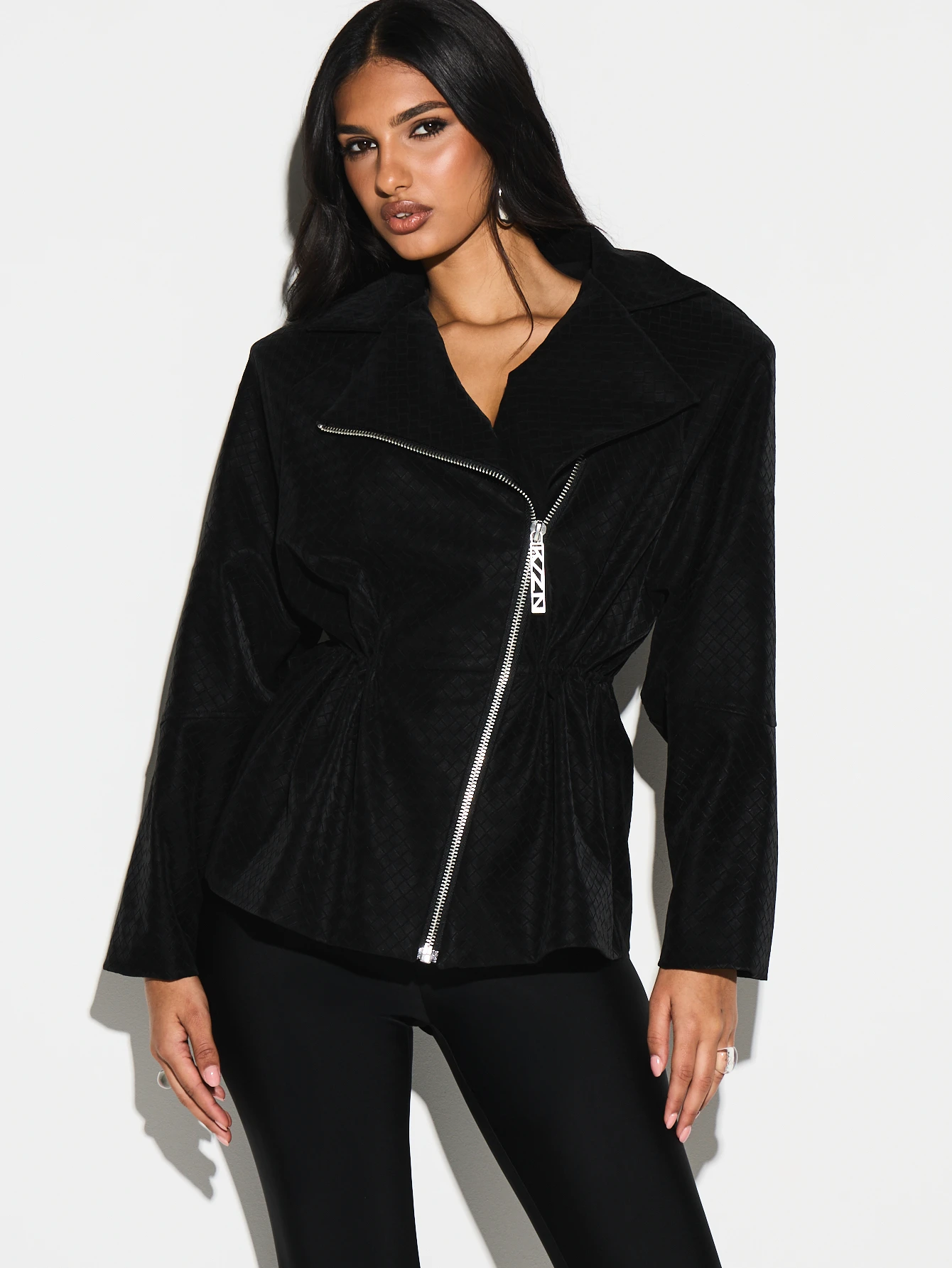 KIZN Quilted Funnel Neck Zip Jacket With Cinched Waist