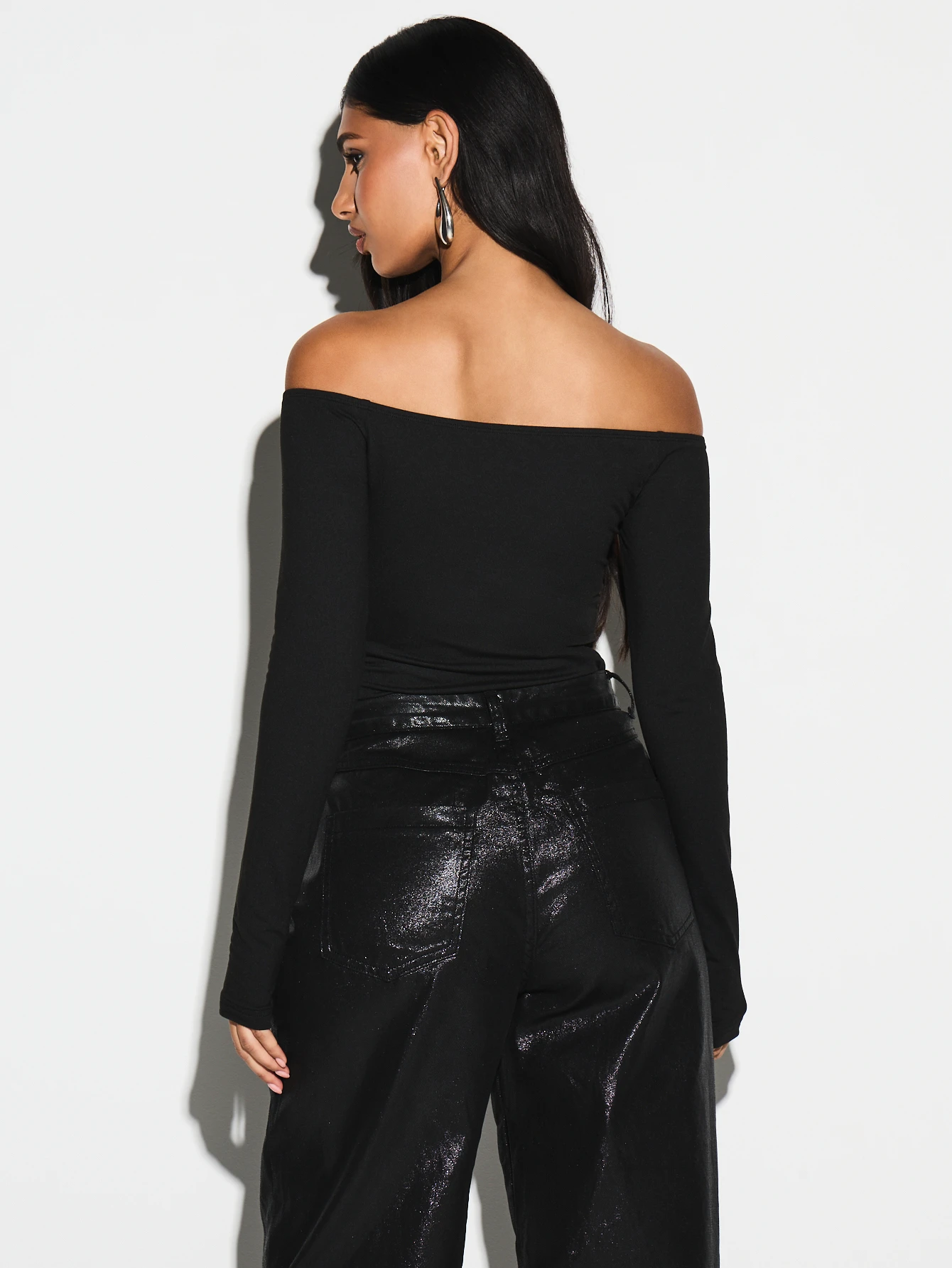KIZN Off-Shoulder Long Sleeve Plunge Bodysuit