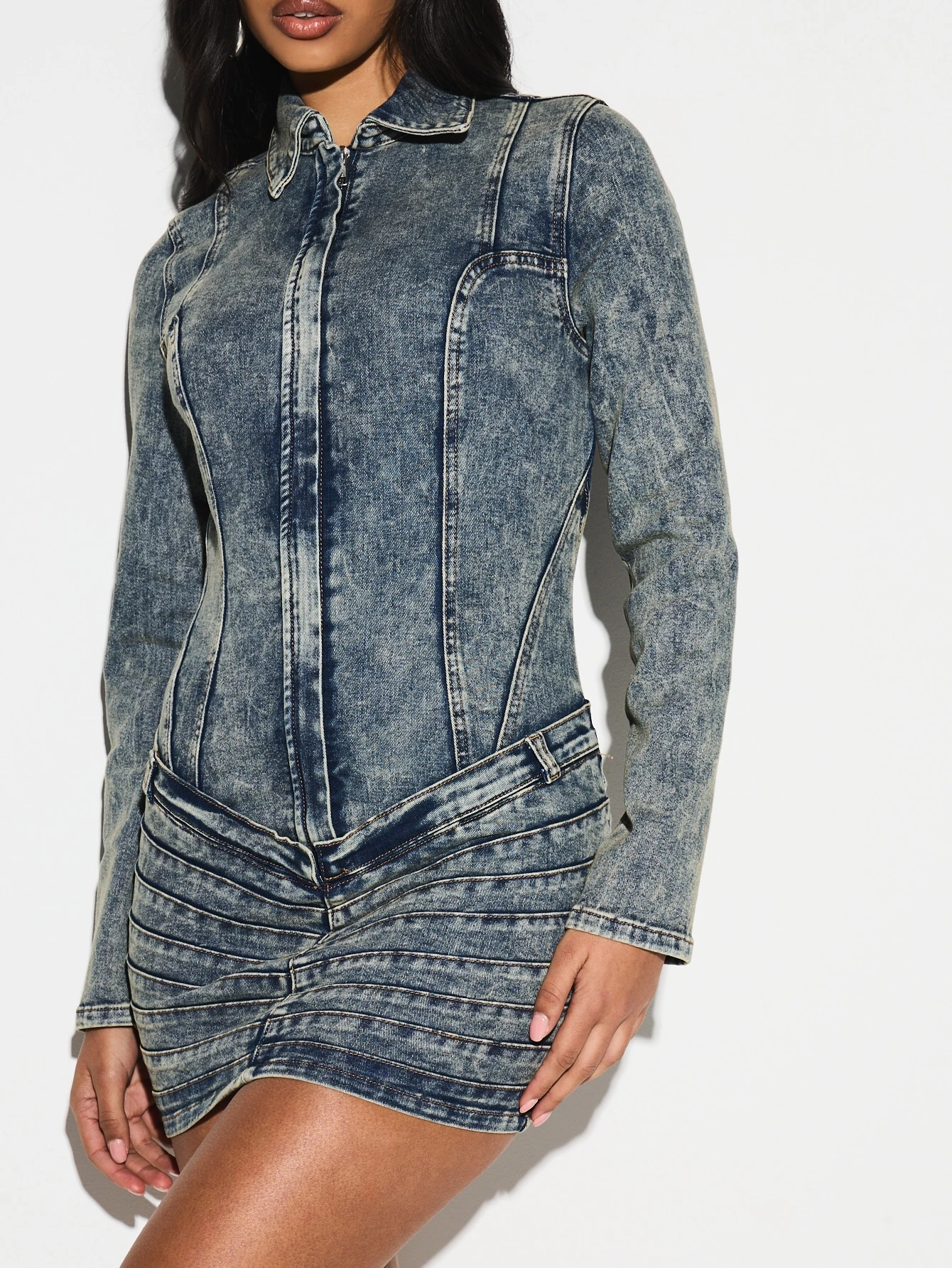 KIZN Vintage Wash Denim Mini Dress With Ruched Detailing