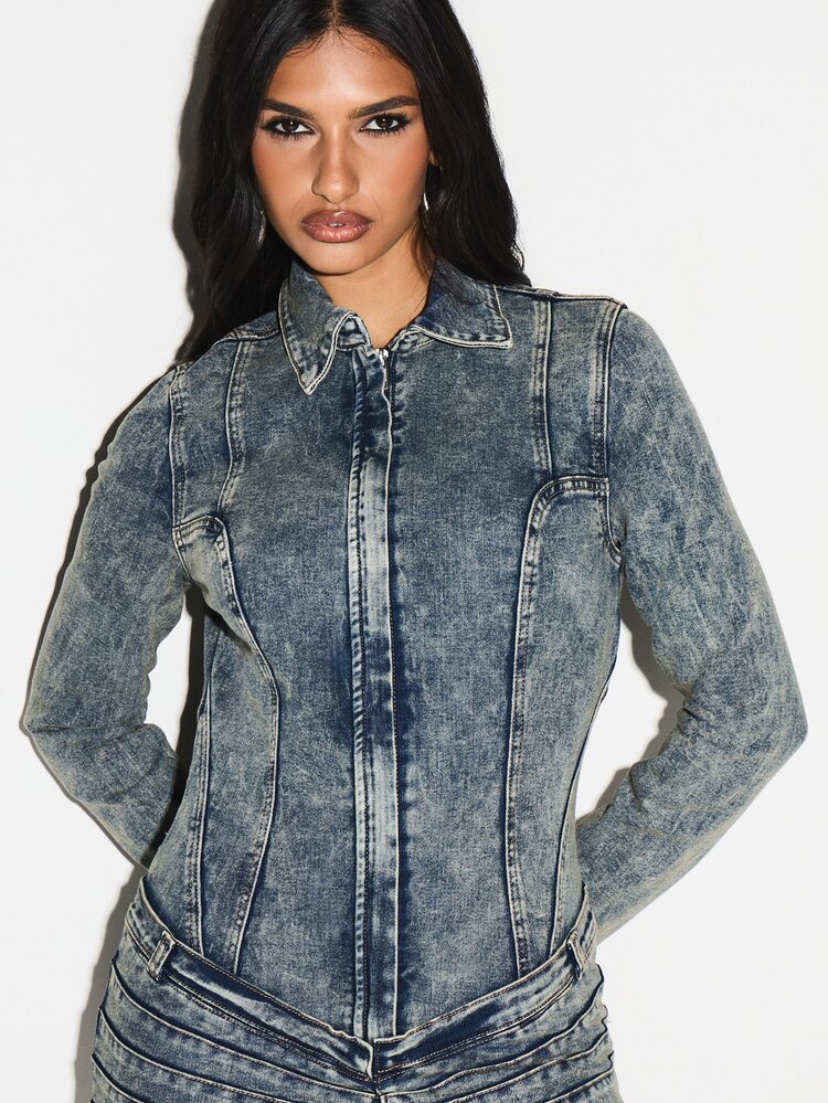 KIZN Vintage Wash Denim Mini Dress With Ruched Detailing