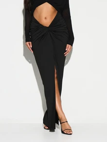 KIZN Wrap Front Maxi Skirt Bodycon Twist Knot High Slit Evening Party Formal For Valentine's Day - Black - View 1