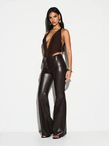 KIZN Deep Plunge Halter Neck Bodysuit With Cut-Out Back Details Evening Party Club Wear - Brown - View 3
