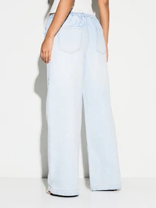 KIZN Jeans en denim délavé à jambes larges et taille haute, pantalon palazzo avec cordon de serrage à la taille, longueur complète, décontracté, printemps été - Blanc - Voir 2