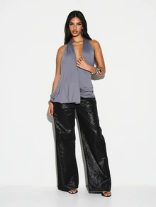 KIZN Draped Asymmetric Mesh Top Long Sleeve - Grey - View 3