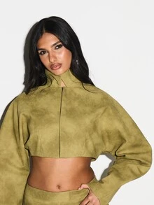 KIZN Cropped Suede Balloon Sleeve Button Front Collared Jacket Fall Winter Outerwear - Green - View 5
