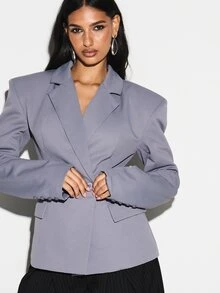 KIZN 女士双排扣翻领西装外套，纽扣闭合，贴边口袋，办公职业修身夹克 - 灰色 - 查看 5