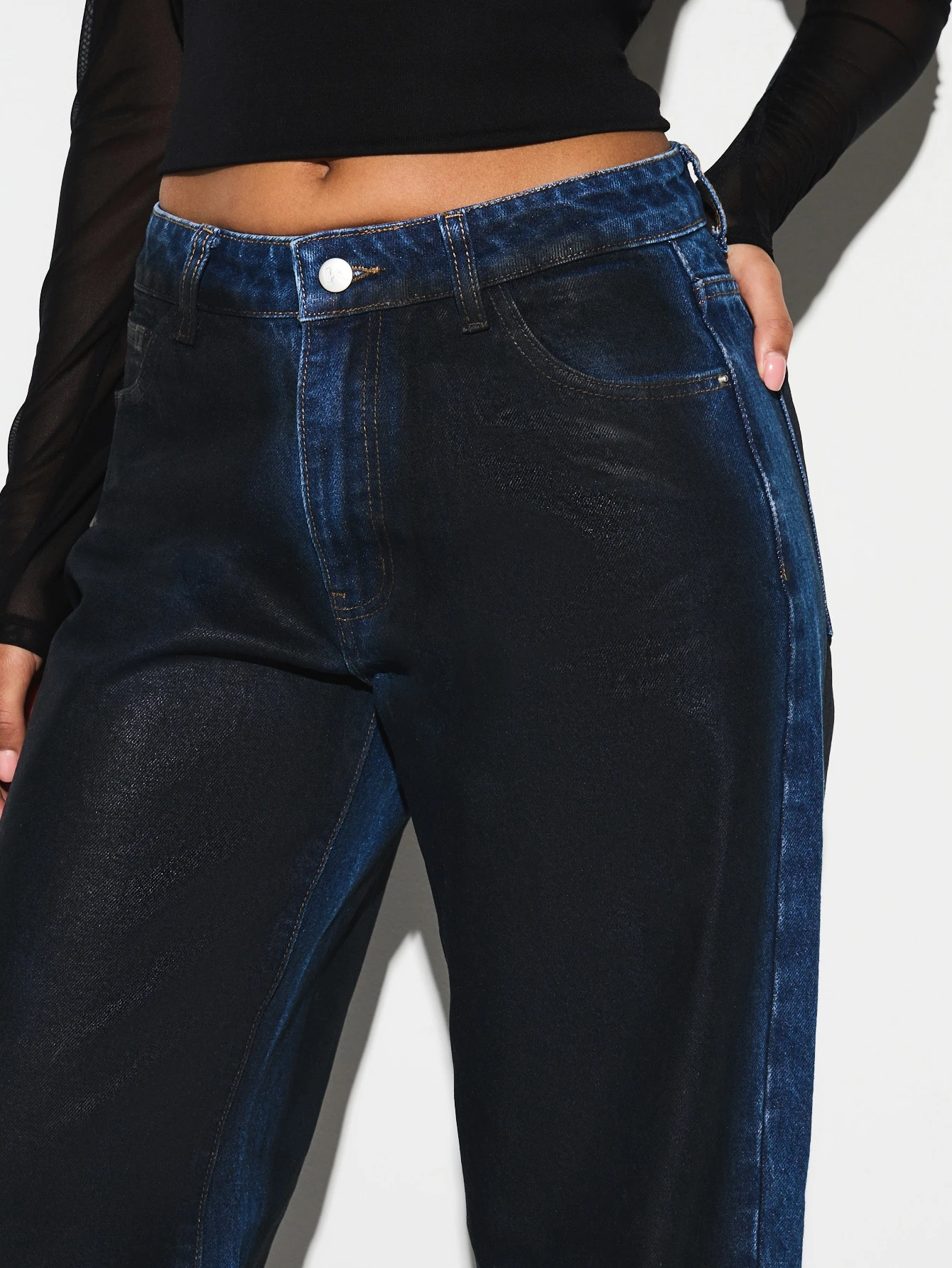 KIZN High Rise Wide Leg Wax Coated Jeans