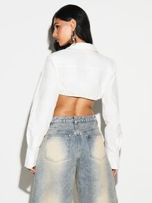 KIZN Cropped Button Front Twist Tie Long Sleeve Collared Shirt Blouse Fall Winter Everyday Fashion Top - White - View 2