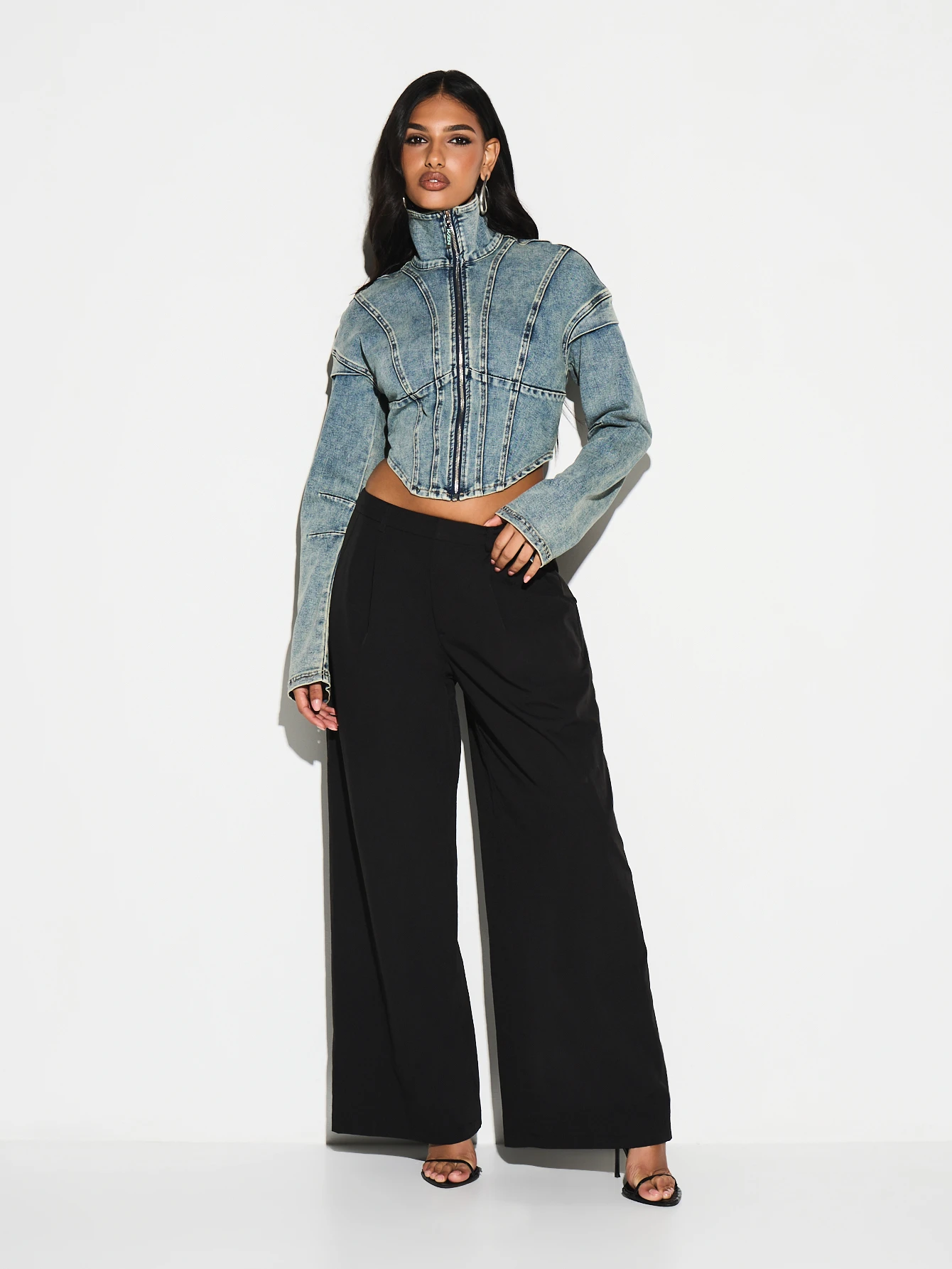 KIZN Vintage Wash Funnel Neck Cropped Denim Jacket
