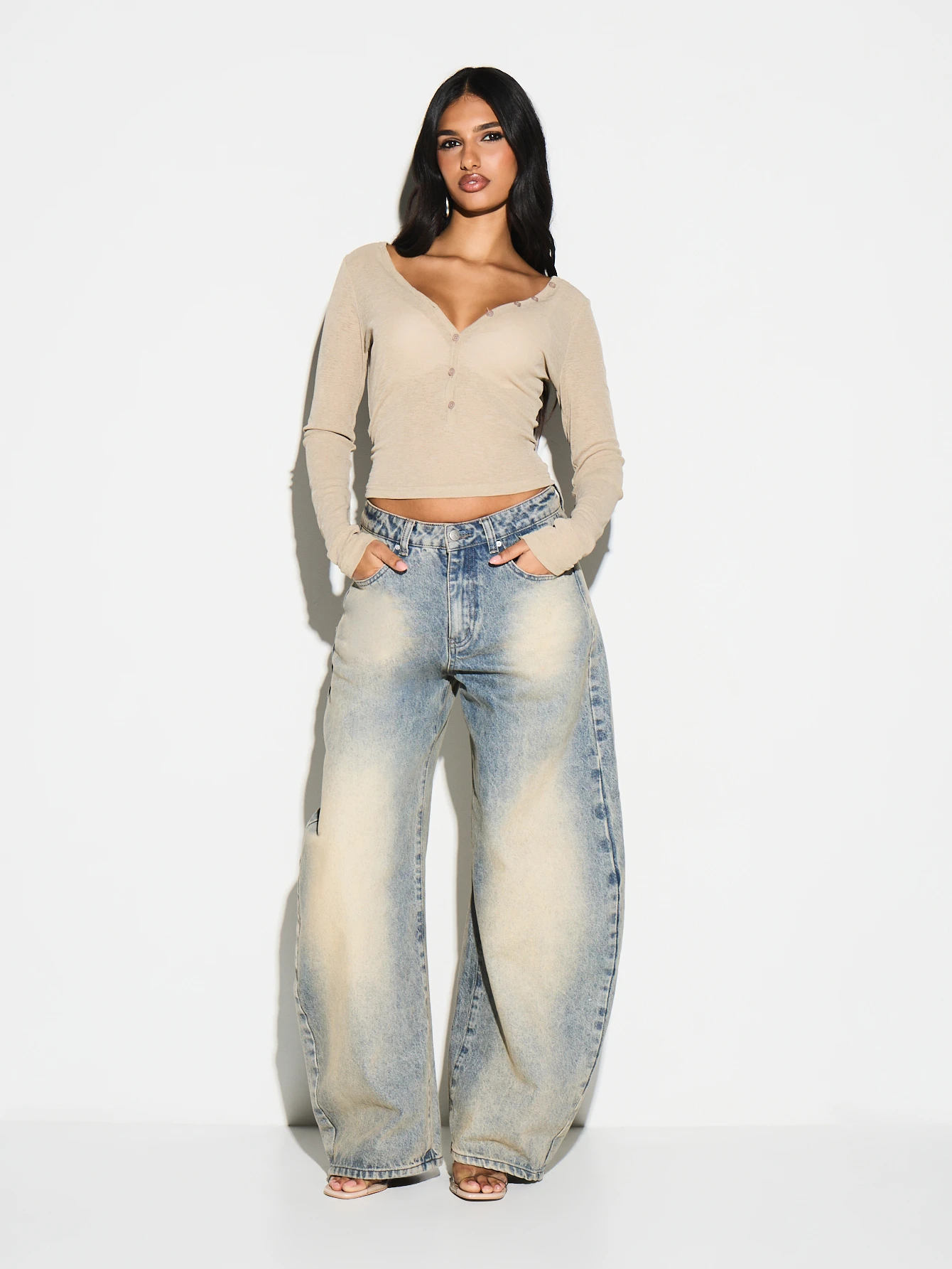 KIZN Button Up Long Sleeve Crop Top