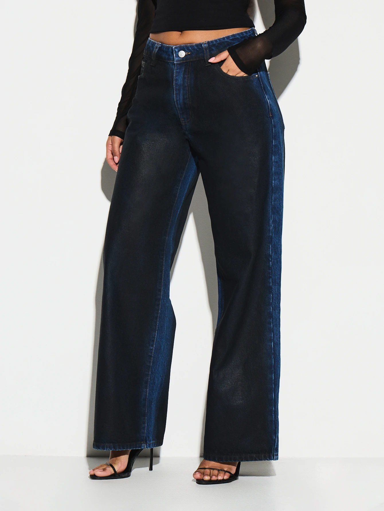 KIZN High Rise Wide Leg Wax Coated Jeans