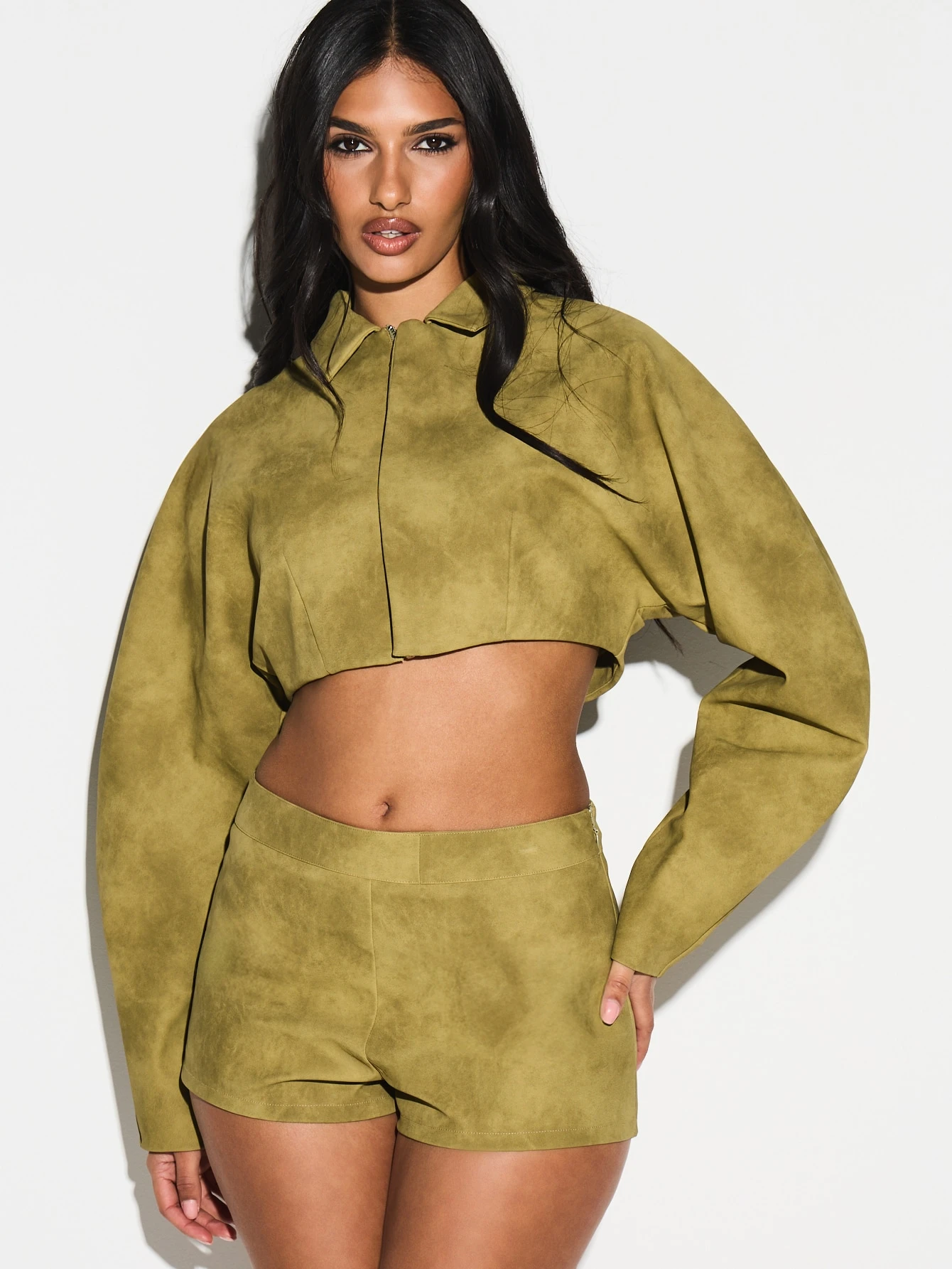 KIZN Cropped Suede Balloon Sleeve Jacket