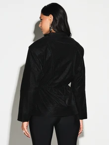 KIZN Funnel Neck Zip Front Cinched Waist Long Jacket With Quilted Texture And Silver Hardware For Fall Winter Outerwear - Black - View 2