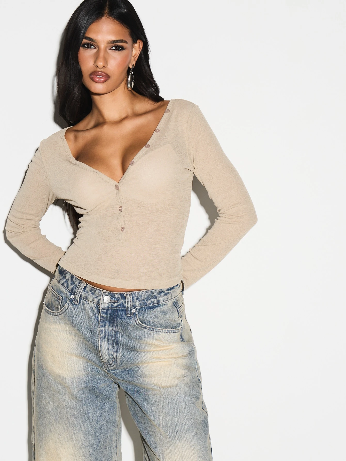 KIZN Button Up Long Sleeve Crop Top