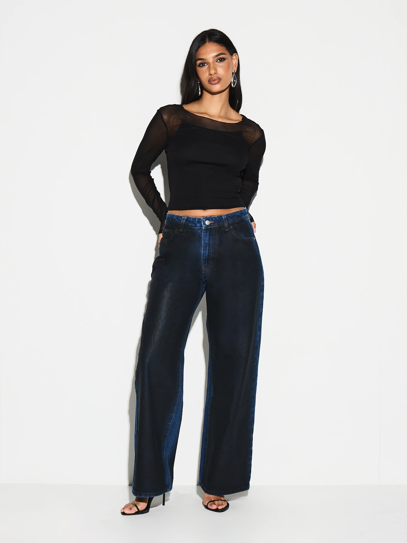 KIZN High Rise Wide Leg Wax Coated Jeans
