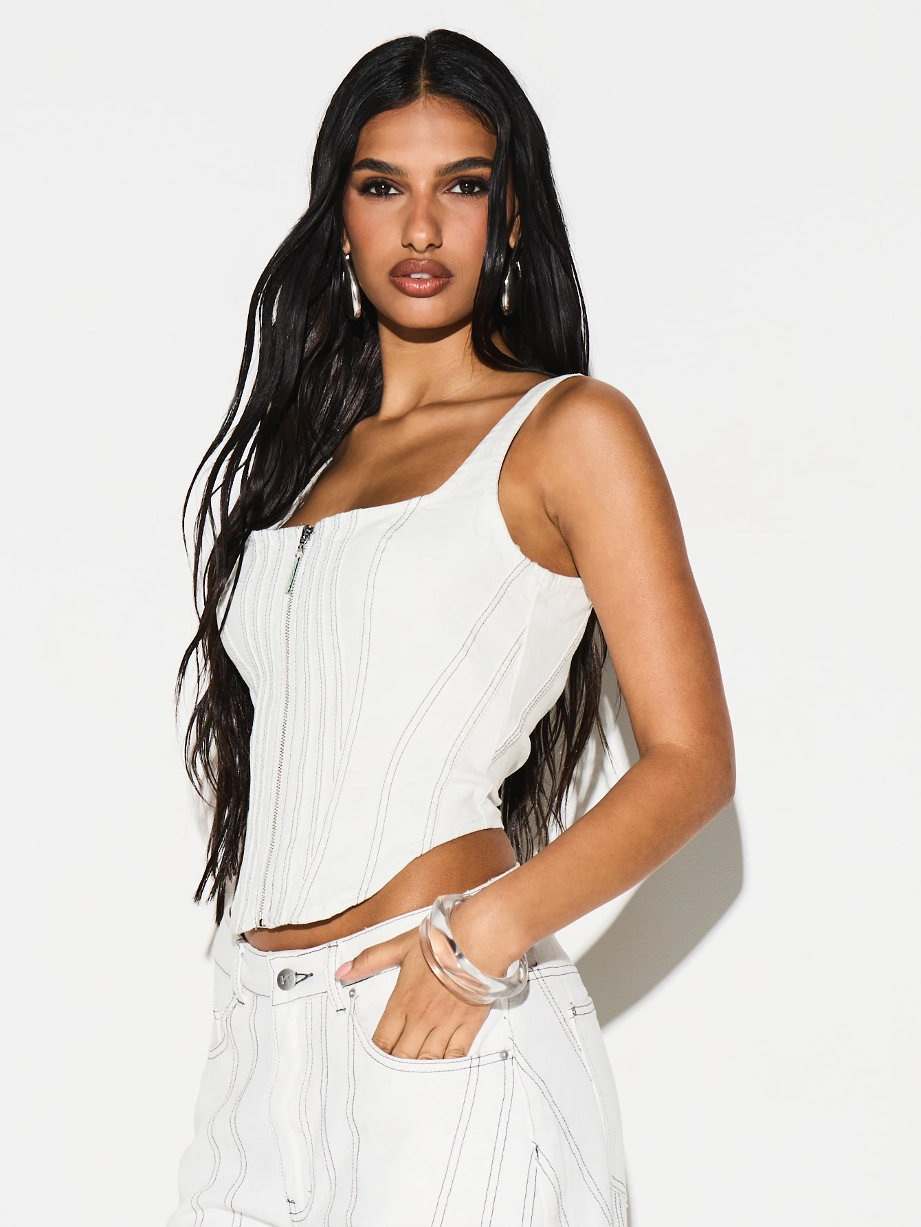 KIZN Square Neck Denim Corset Top With Zipper