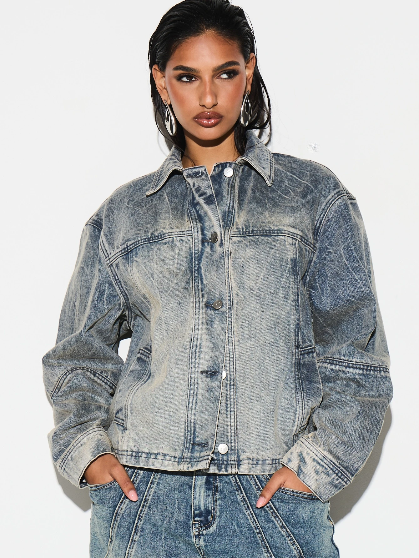 KIZN Oversized Boxy Bleached Denim Jacket