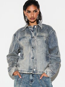 KIZN Áo khoác denim dáng rộng cho nữ, kiểu vintage, bạc màu, cài cúc phía trước, tay dài, phong cách đường phố mùa thu đông. - Màu xanh lam - Xem 4