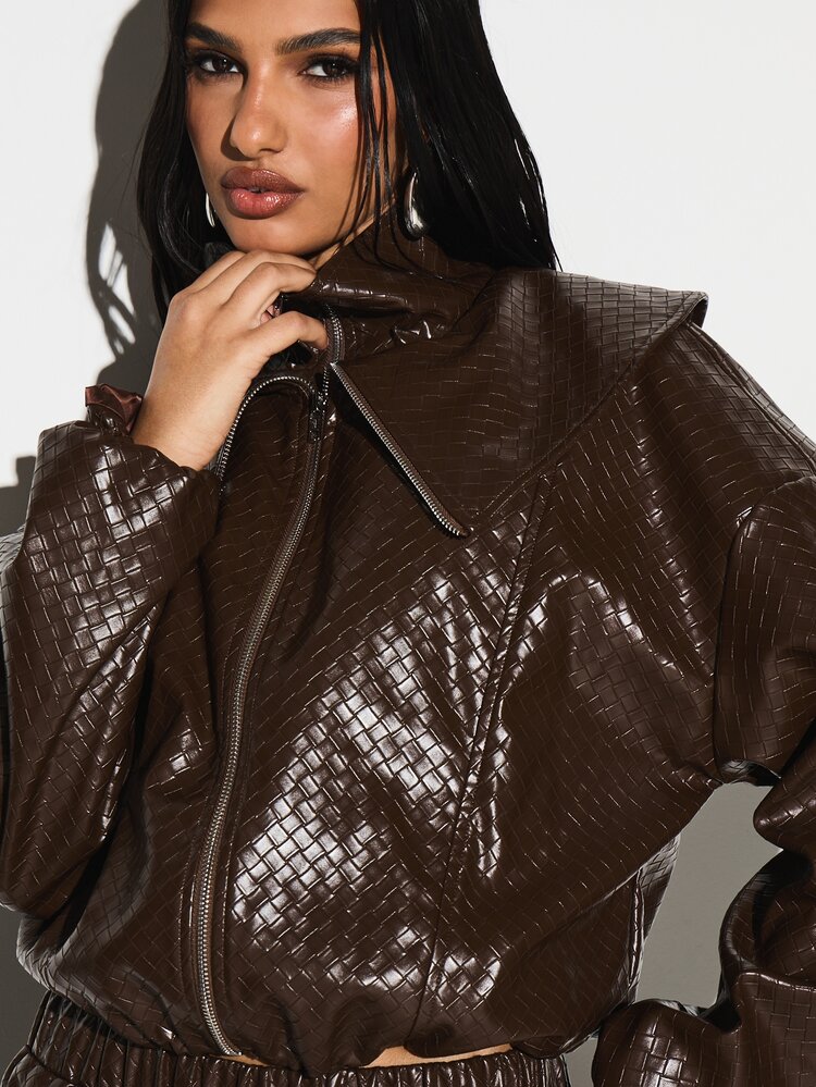 KIZN Brown Metallic Quilted Bomber Jacket With Hood