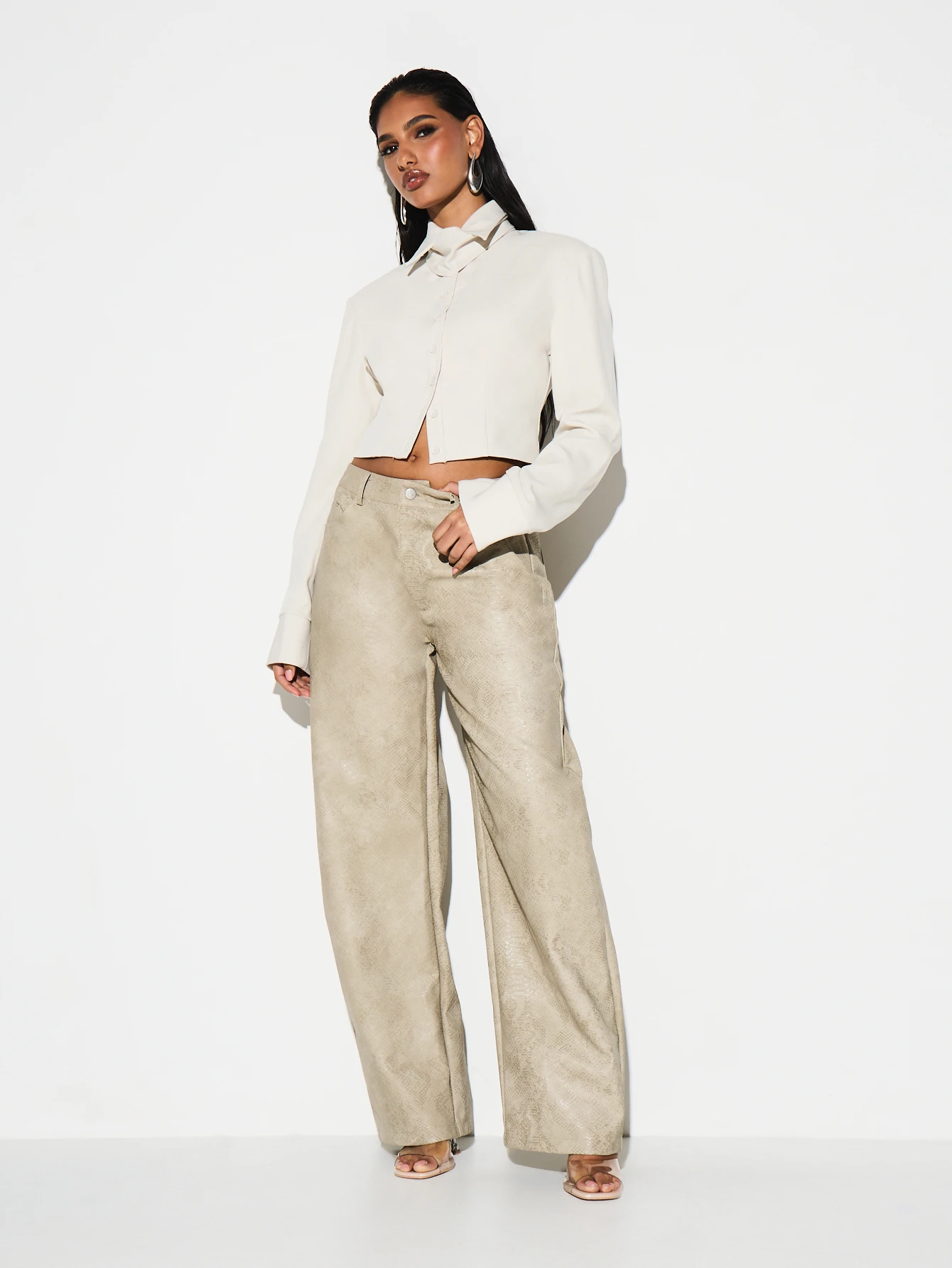 KIZN Shoulder Pad Cinched Crop Blouse With Collar