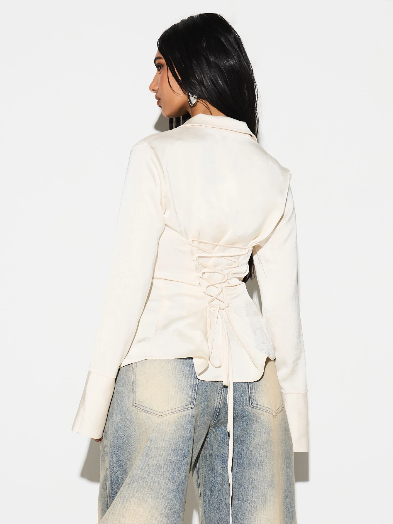 KIZN Lace Up Back Longline Collared Blouse