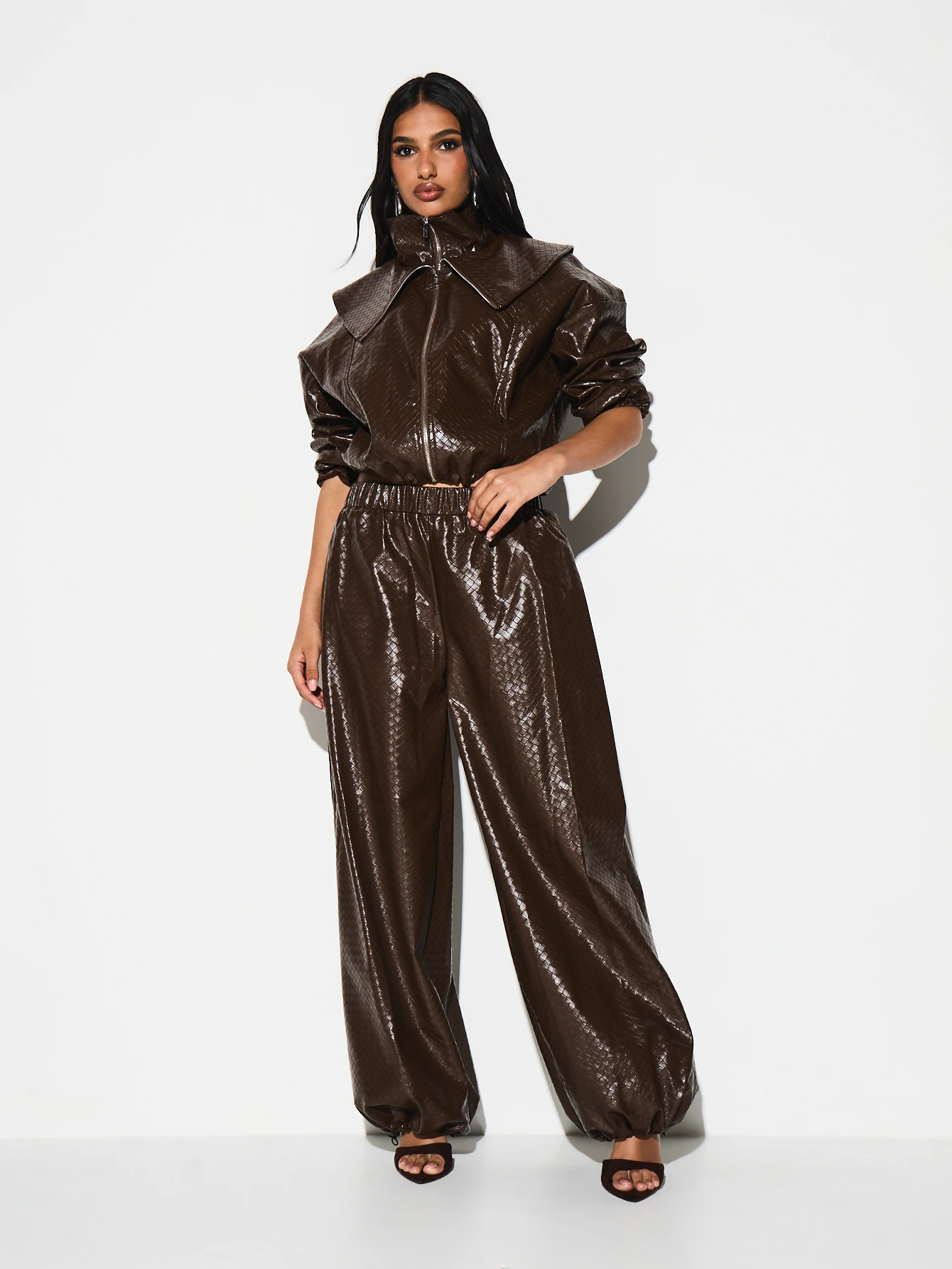 KIZN Brown Metallic Quilted Bomber Jacket With Hood