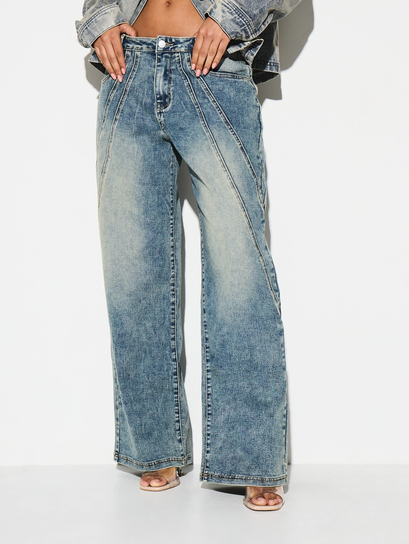 KIZN Vintage Wash Wide Leg Denim Jeans With Seam Details