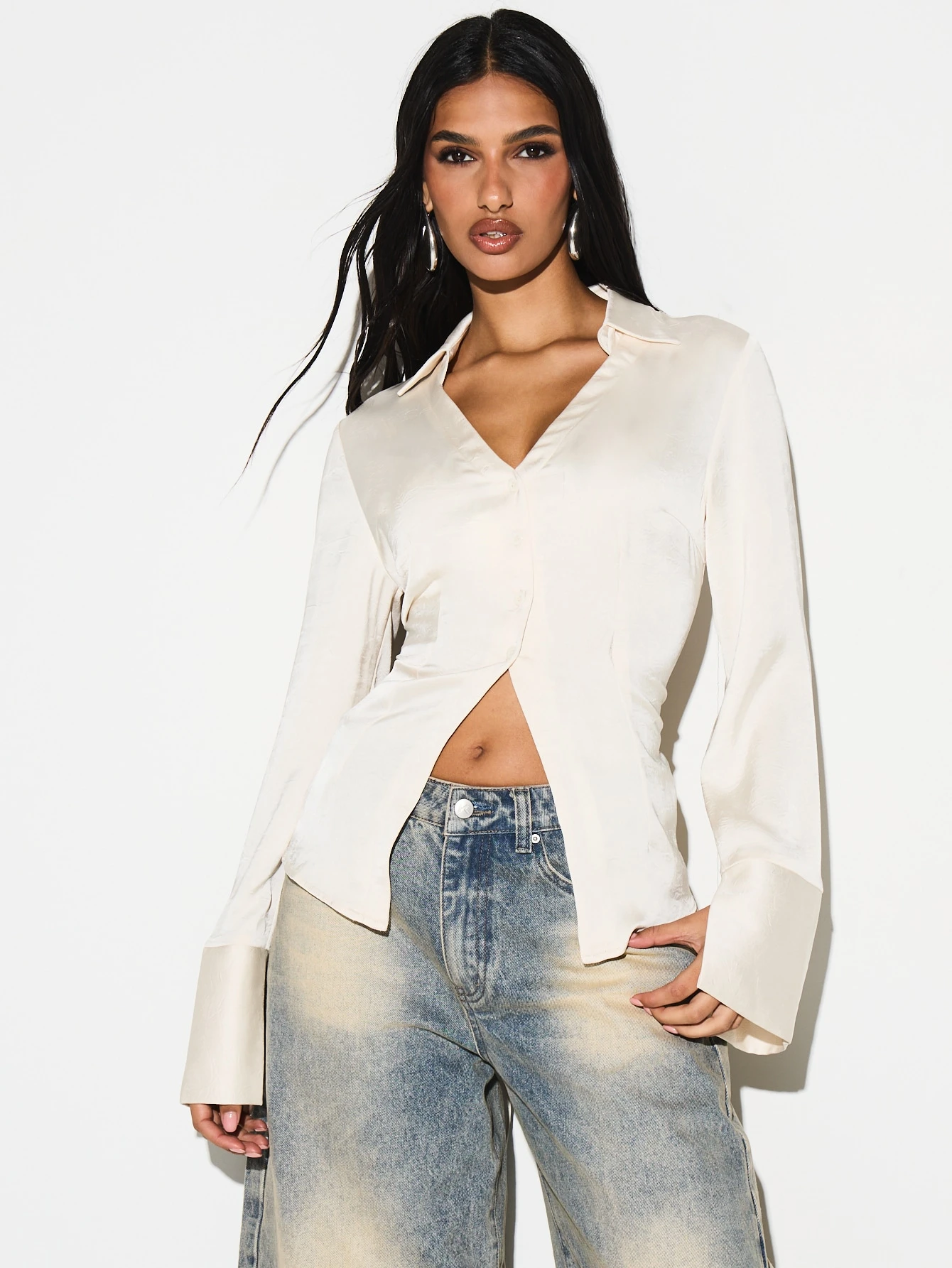 KIZN Lace Up Back Longline Collared Blouse