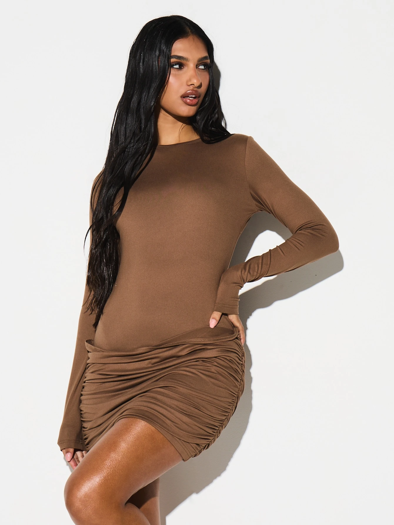 KIZN Long Sleeve Ruched Bodycon Mini Dress
