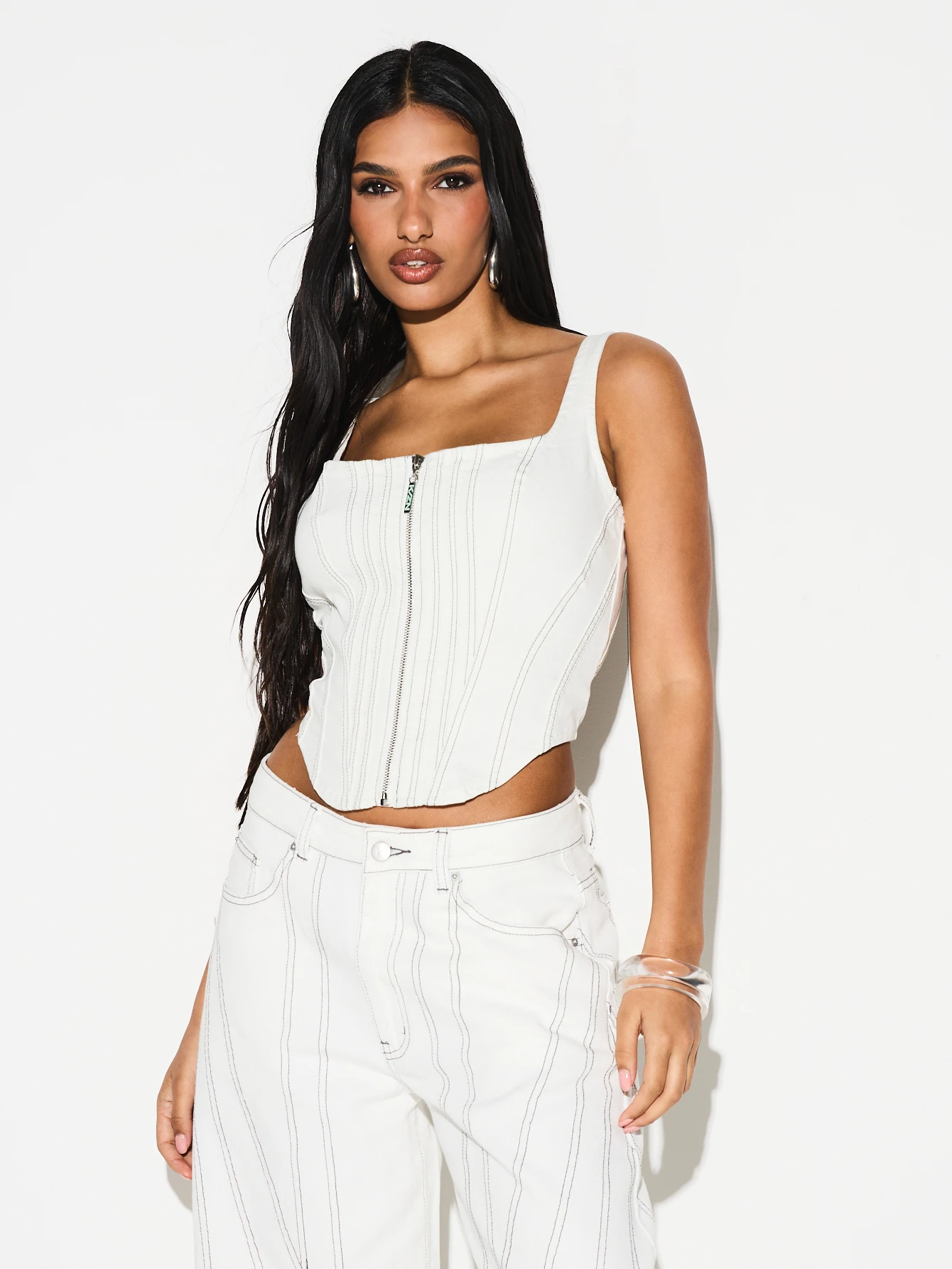 KIZN Square Neck Denim Corset Top With Zipper