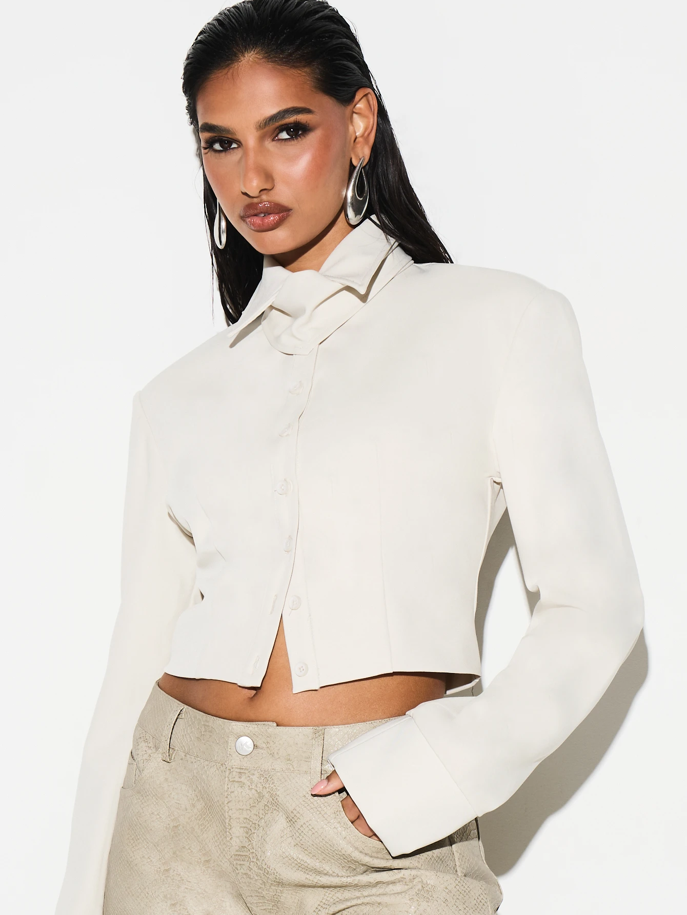 KIZN Shoulder Pad Cinched Crop Blouse With Collar