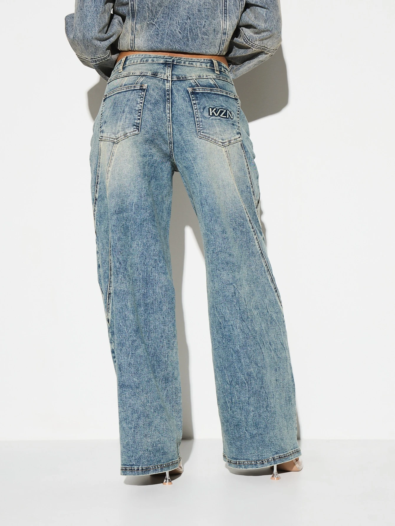 KIZN Vintage Wash Wide Leg Denim Jeans With Seam Details