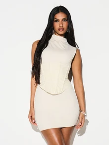 KIZN Đầm ngắn cổ cao không tay kiểu corset với chi tiết dây buộc phía sau, thích hợp cho các buổi tiệc tối. - Nhiều màu - Xem 1