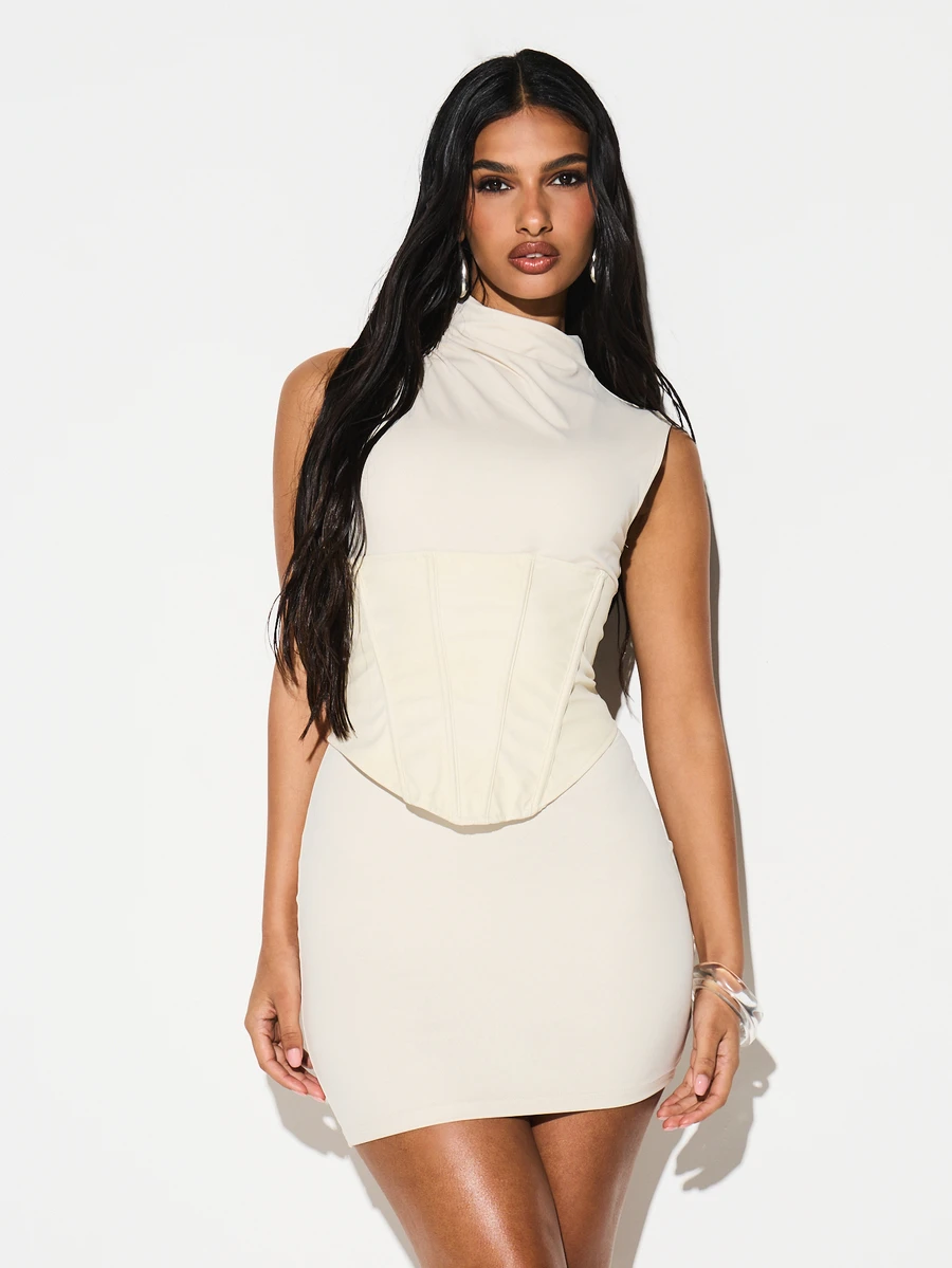 KIZN Đầm ngắn cổ cao không tay kiểu corset với chi tiết dây buộc phía sau, thích hợp cho các buổi tiệc tối. - Nhiều màu - Xem 1