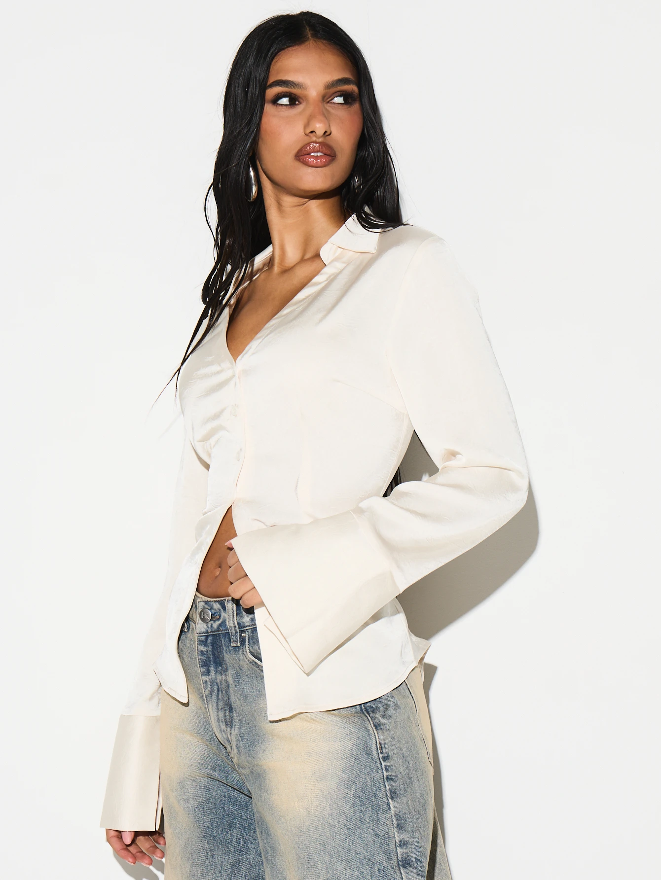 KIZN Lace Up Back Longline Collared Blouse