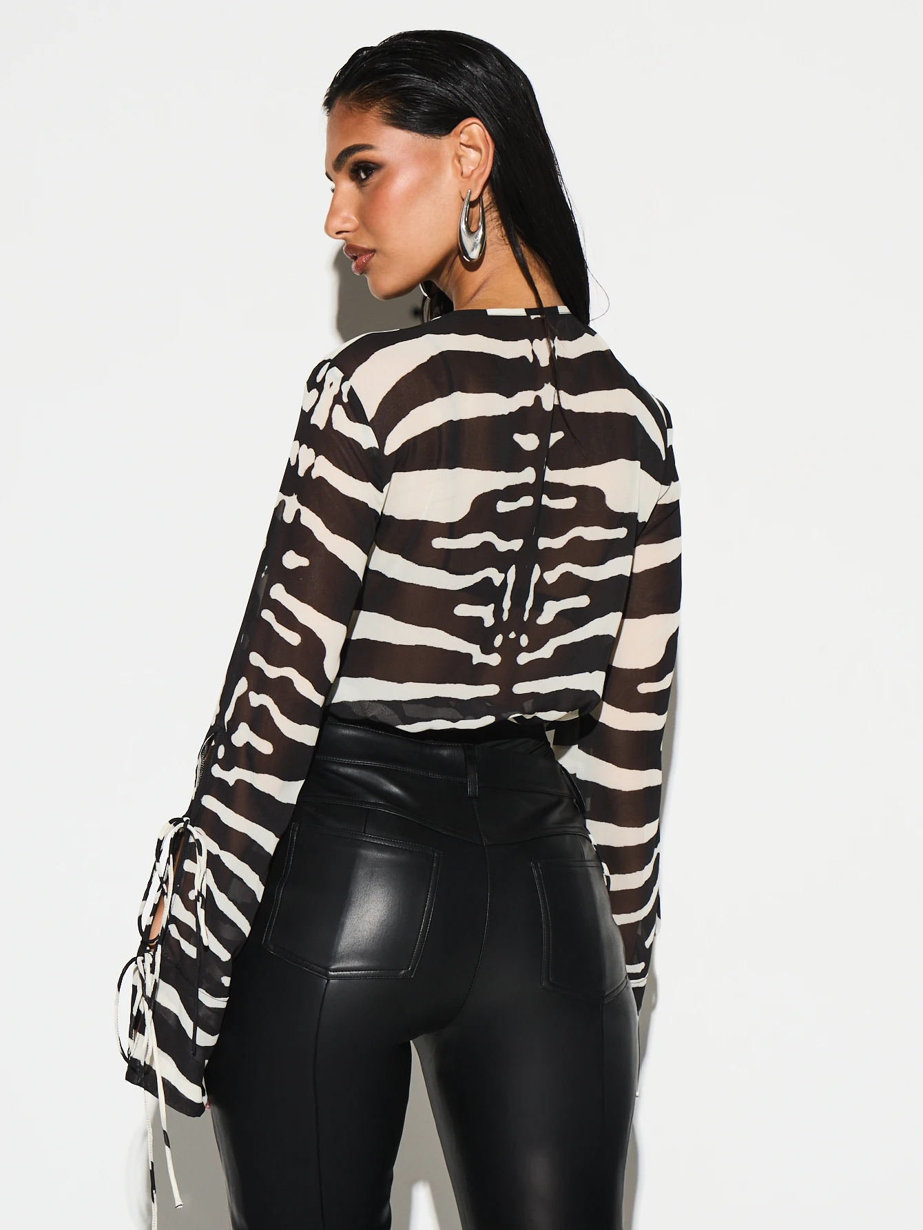 KIZN Zebra Print Chiffon Lace Up Bodysuit