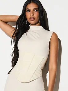 KIZN Đầm ngắn cổ cao không tay kiểu corset với chi tiết dây buộc phía sau, thích hợp cho các buổi tiệc tối. - Nhiều màu - Xem 5