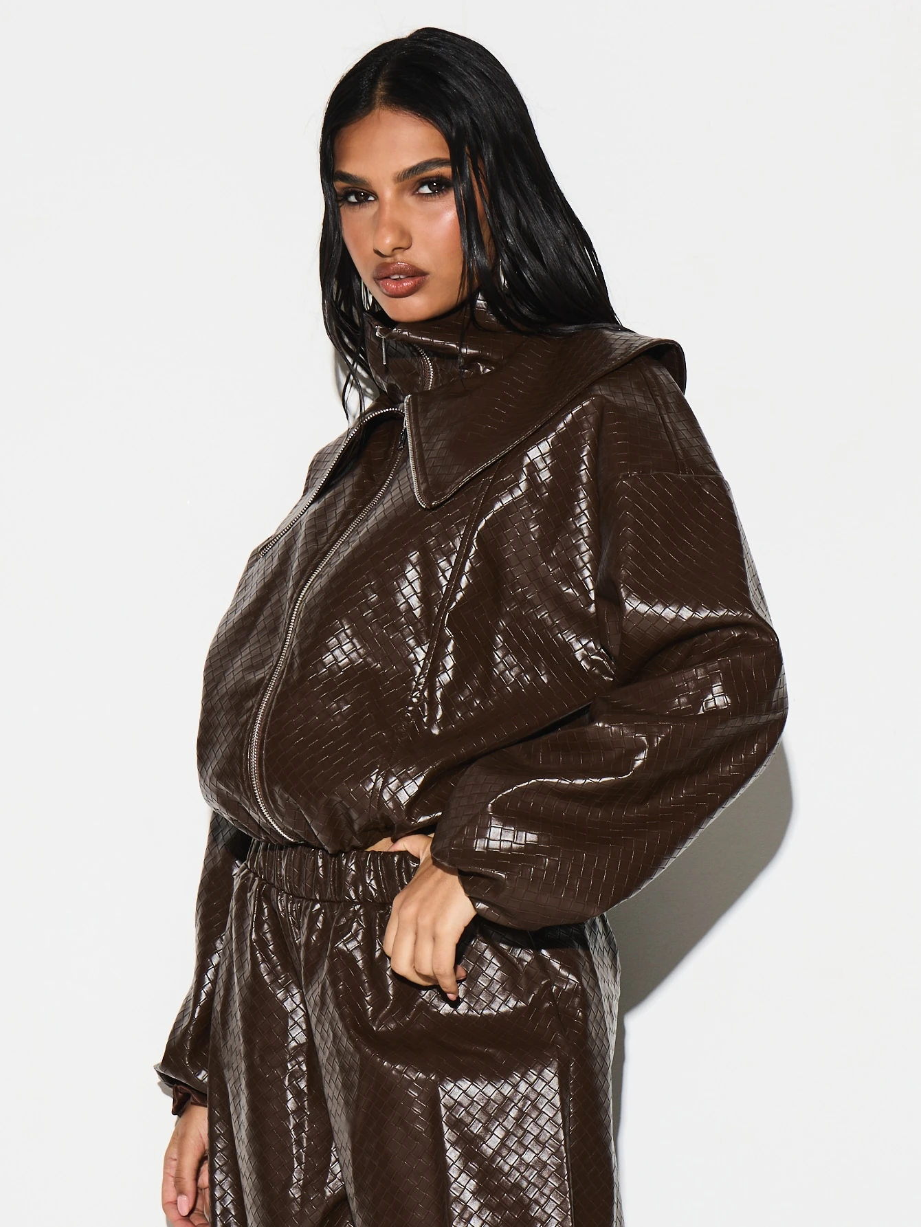 KIZN Brown Metallic Quilted Bomber Jacket With Hood