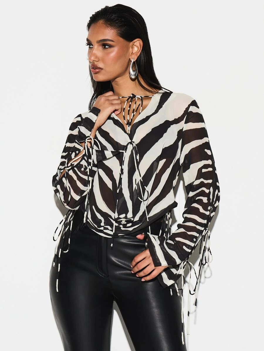 Women's Zebra Print Chiffon Long Sleeve Deep V Neck Lace Up Front Tie Detail Bodysuit - Black and White - View 1