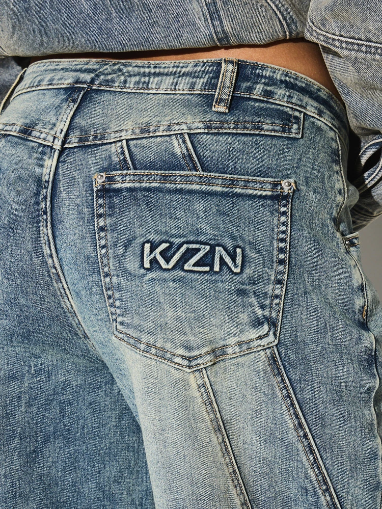 KIZN 빈티지 워싱 와이드 레그 데님 진 (솔기 디테일 포함)