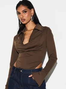 KIZN Brown Cowl Neck Long Sleeve Bodysuit With Plunge Neckline And Fitted Silhouette For Fall Winter Wardrobe - Brown - View 2