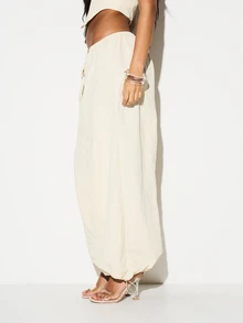 KIZN Casual Wide Leg High Rise Drawstring Parachute Pants With Ankle Ties Relaxed Fit Cargo Style Loose Trousers - Light Yellow - View 4