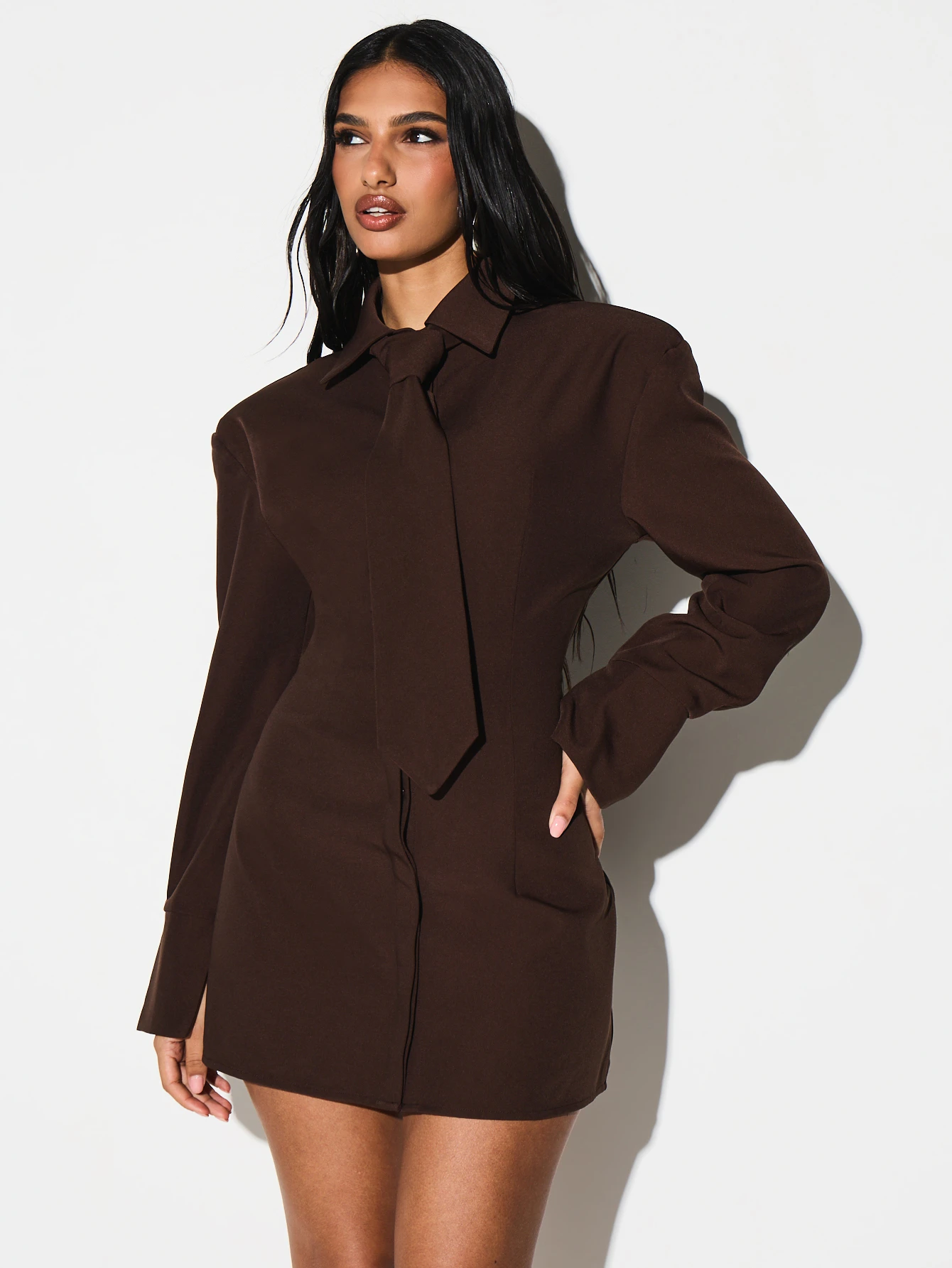 KIZN Brown Collared Mini Dress With Shoulder Pads