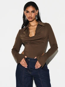 KIZN Brown Cowl Neck Long Sleeve Bodysuit With Plunge Neckline And Fitted Silhouette For Fall Winter Wardrobe - Brown - View 3