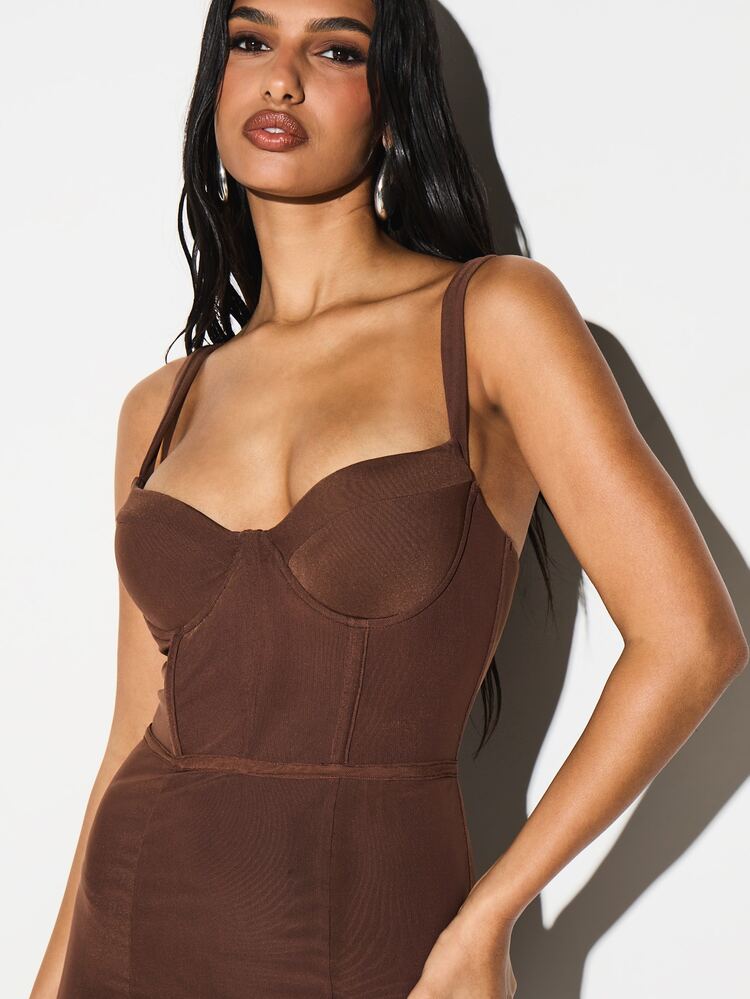 KIZN Chocolate Brown Strapless Sweetheart Bustier Corset Style Bodycon Maxi Dress Evening Formal Occasion Fall Winter Fashion