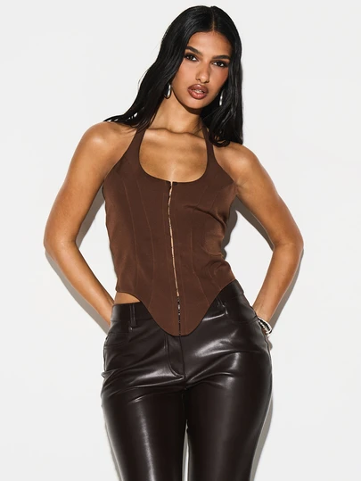 KIZN Halter Neck Corset Top With Hook And Eye Front Closure Fitted Sleeveless Brown Structured Bodice