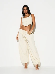 KIZN Casual Wide Leg High Rise Drawstring Parachute Pants With Ankle Ties Relaxed Fit Cargo Style Loose Trousers - Light Yellow - View 3