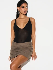 KIZN Draped Detail Ruched Mini Skirt High Waisted Bodycon Wrap Style Short Skirt Party Club Evening Wear Asymmetric Hem - Brown - View 1