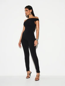 KIZN Off Shoulder Asymmetric Neckline Full Length Fitted Jumpsuit For Evening Occasions And Night Outfits With Skinny Leg Cut And High Rise Waistline - Black - View 4