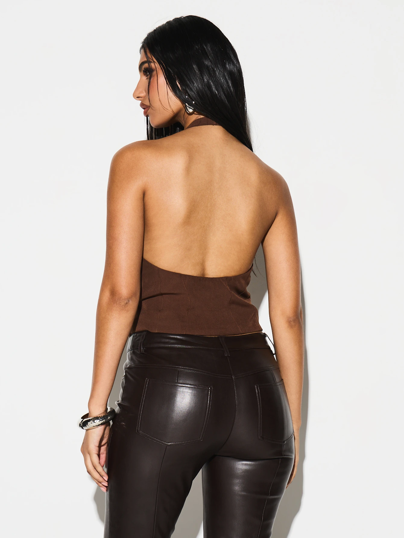 KIZN Brown Halter Corset Top With Hook Closure